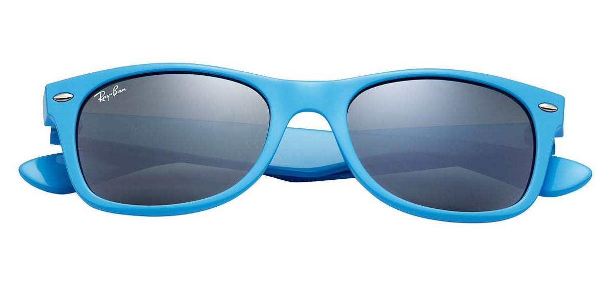 Ray-Ban Wayfarer sunglasses with bright blue frame and dark tinted lenses.