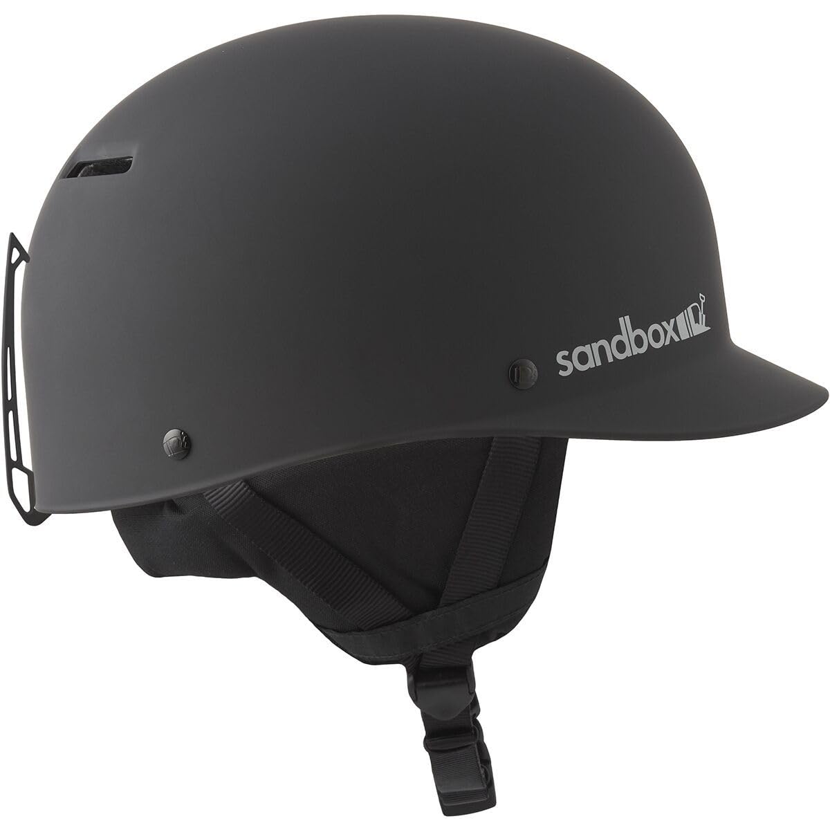 Matte black sport snow helmet with chin strap and side ventilation
