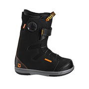 Youth black snowboard boots with padded shaft and adjustable side strap buckle