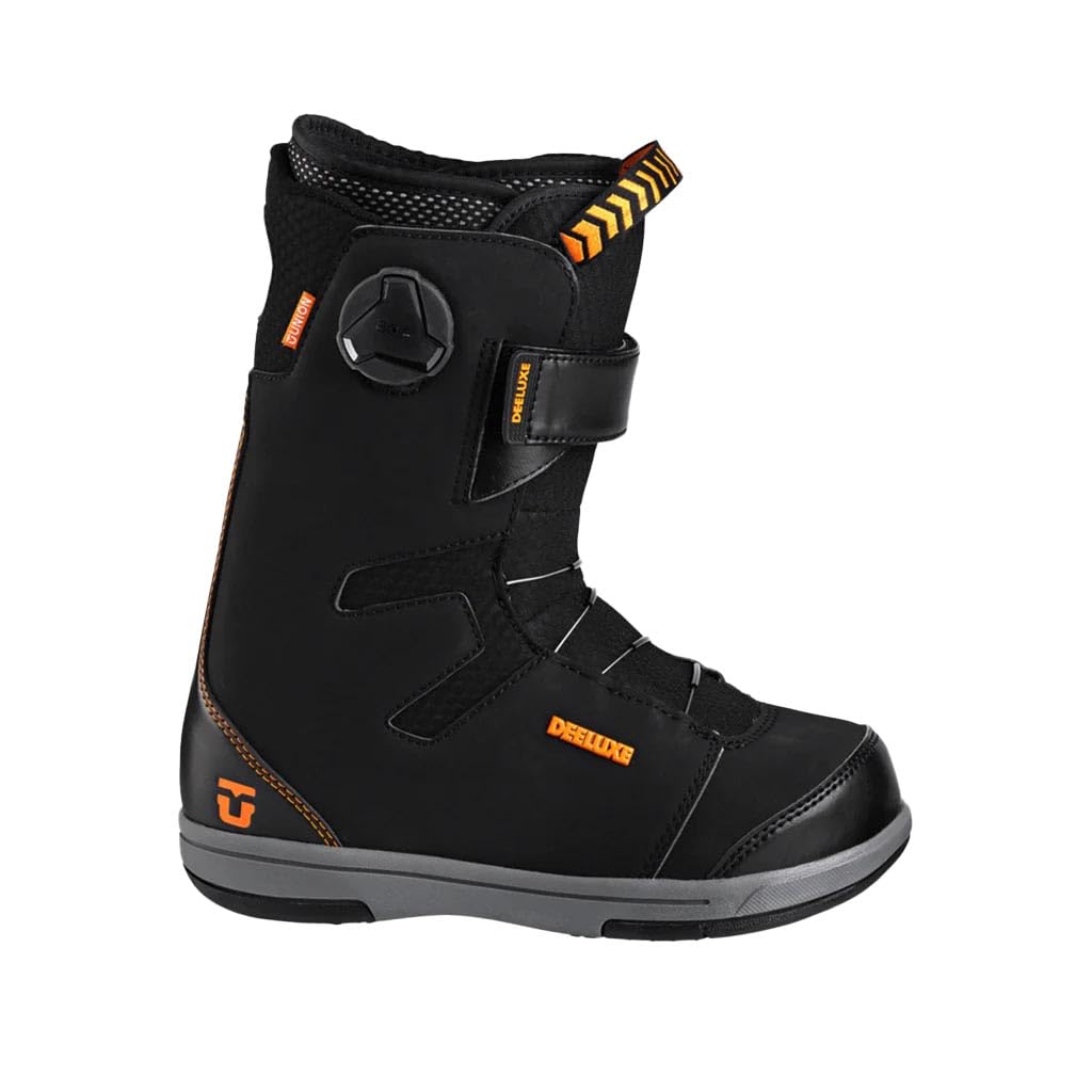 Youth black snowboard boots with padded shaft and adjustable side strap buckle