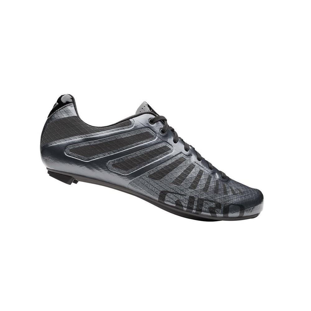 Carbon black cycling shoe with lace-up front and textured upper, side view