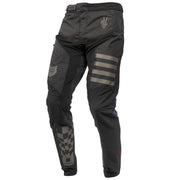 Black riding pants with reflective thigh stripe panels and protective knee overlays