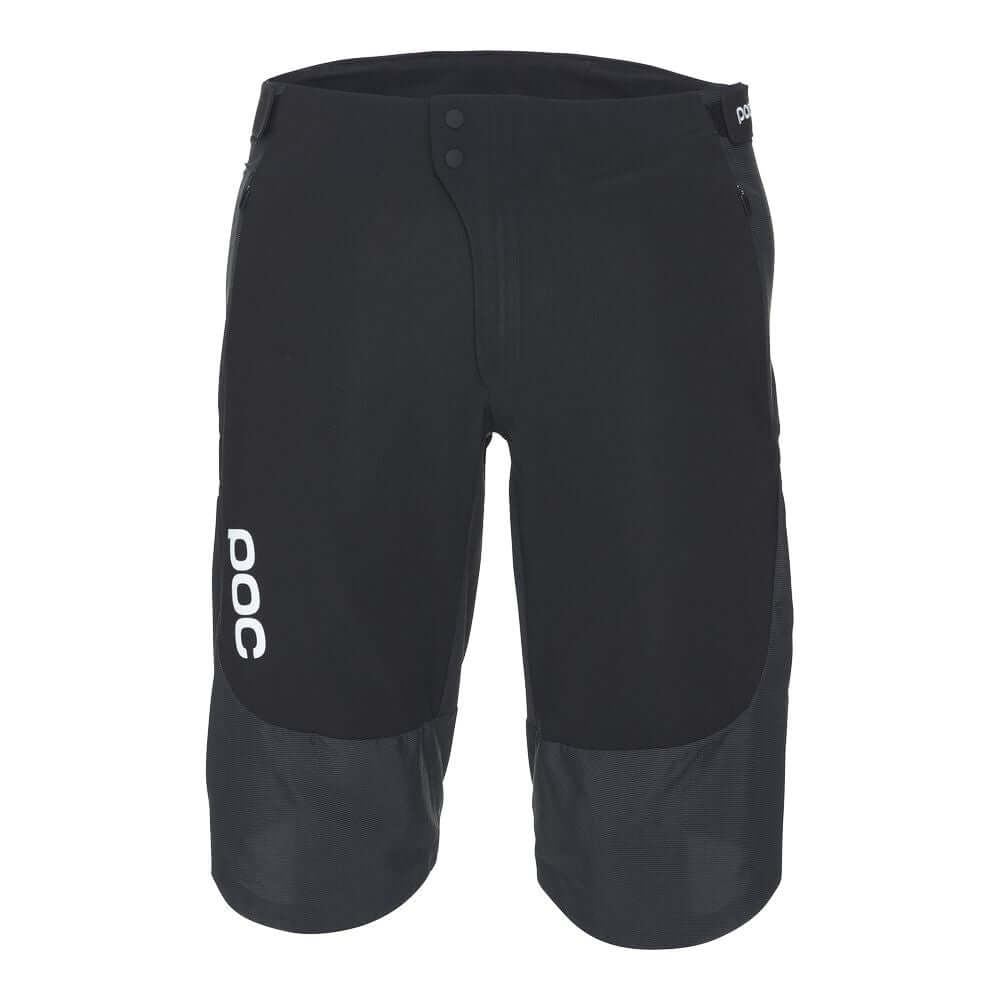 Black POC enduro-style cycling shorts with logo, mid-thigh length