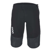 Black POC enduro-style cycling shorts with logo, mid-thigh length