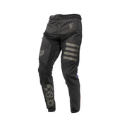 Youth motocross pants, black with reflective stripes and camo panels at the knees
