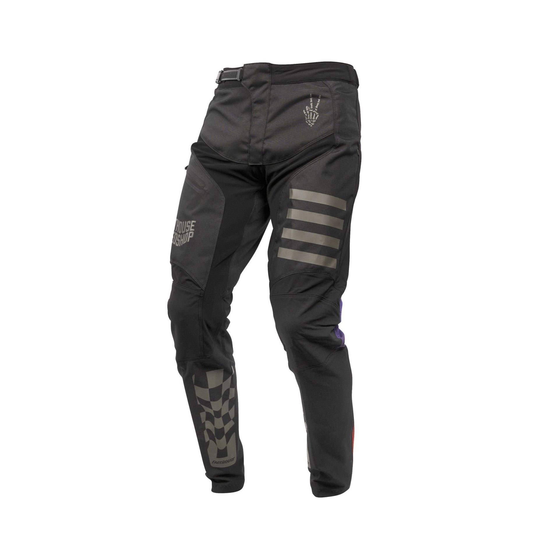 Youth motocross pants, black with reflective stripes and camo panels at the knees