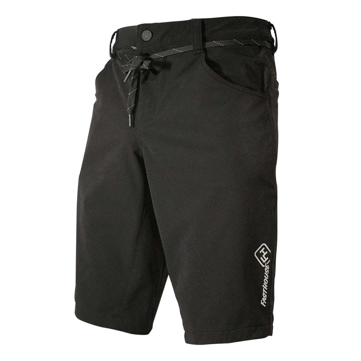 Black Fasthouse kicker shorts with button waist and drawstring tie front