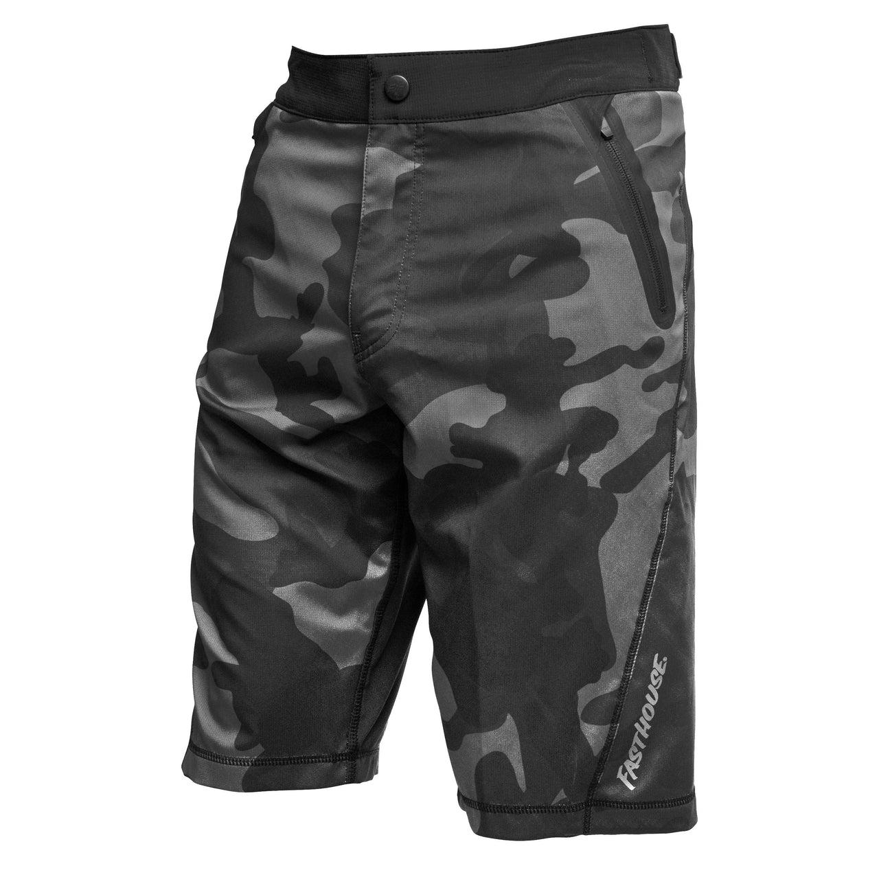 Black camo riding shorts with button waist and side logo