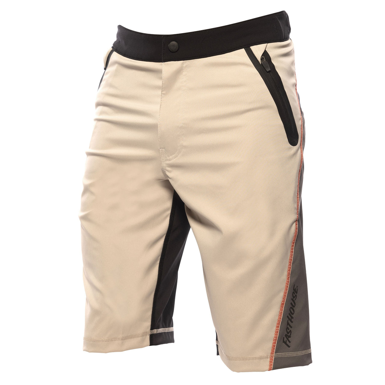 Cream riding shorts with black waistband, side pocket, and logo