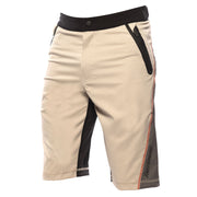 Cream riding shorts with black waistband, side pocket, and logo