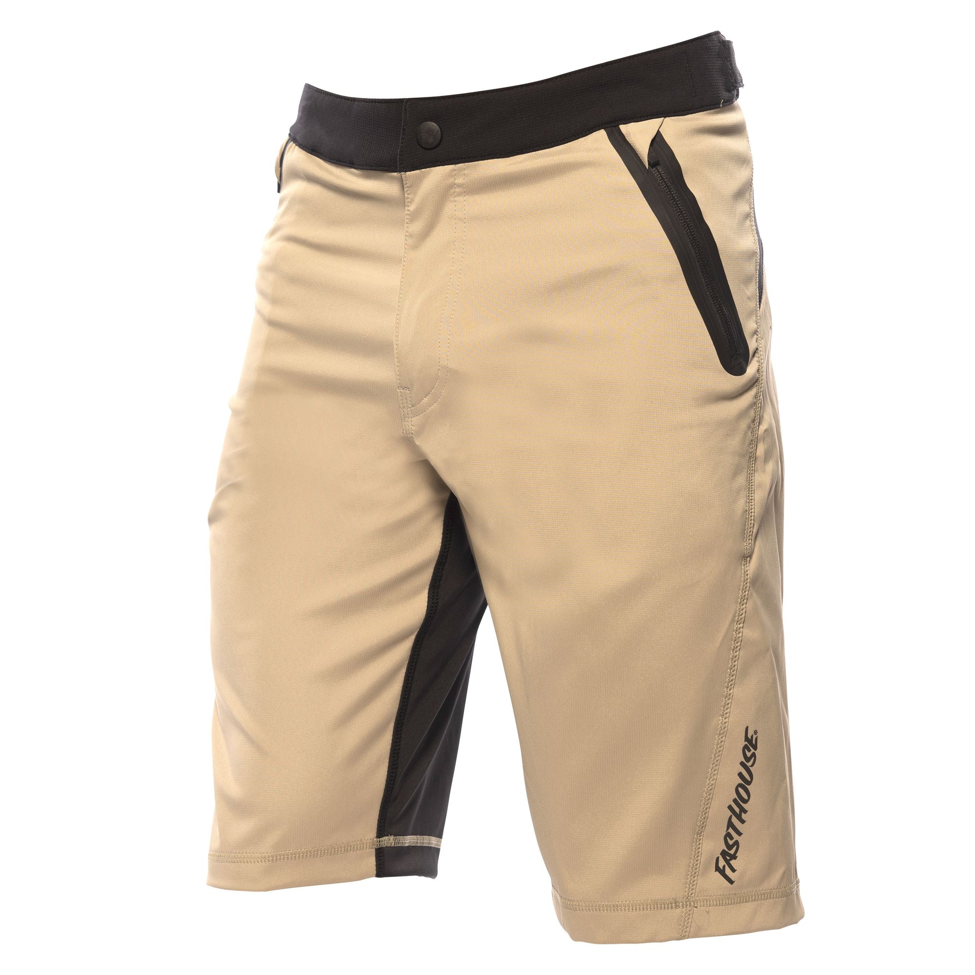 Cream riding shorts with black waistband and diagonal side panel
