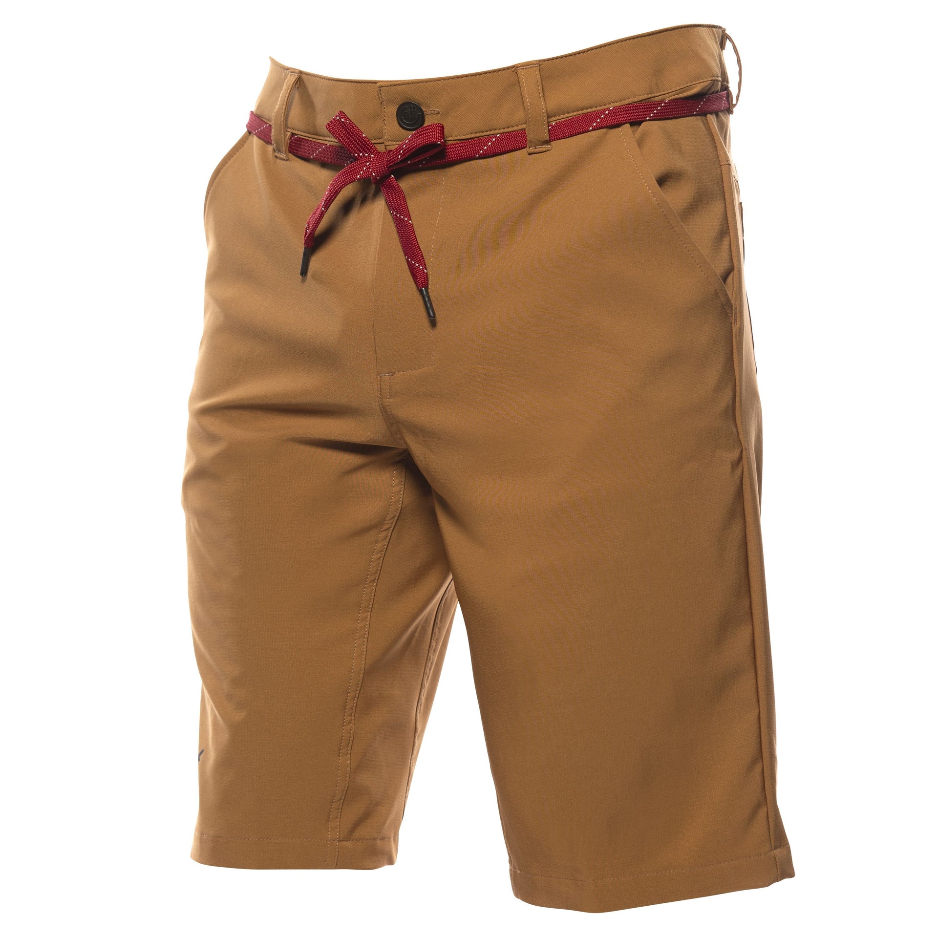 Camel Fasthouse kicker shorts with button waist and multi-color drawstring tie front