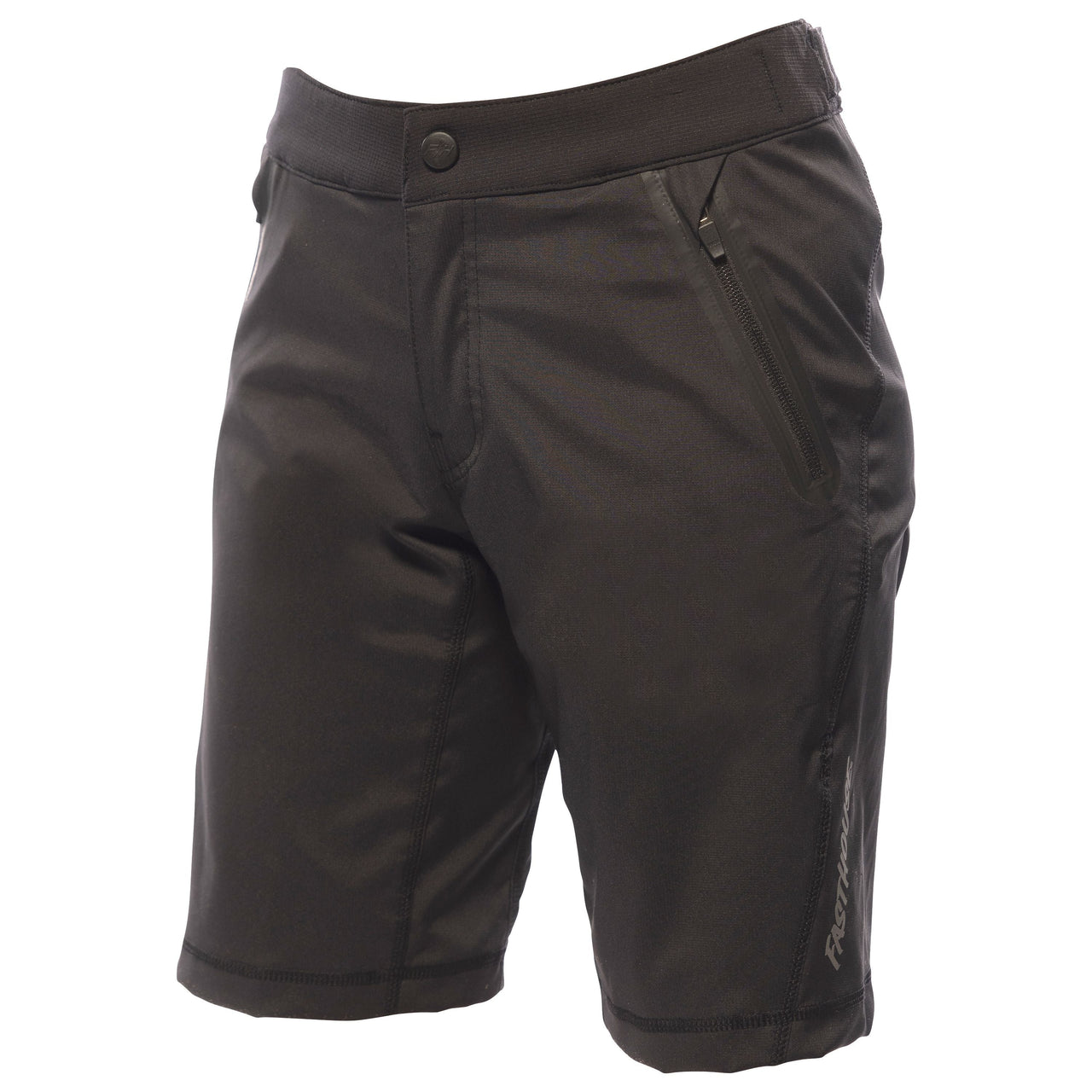 Women's black riding shorts with zip fly and button waistband