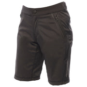 Women's black riding shorts with zip fly and button waistband