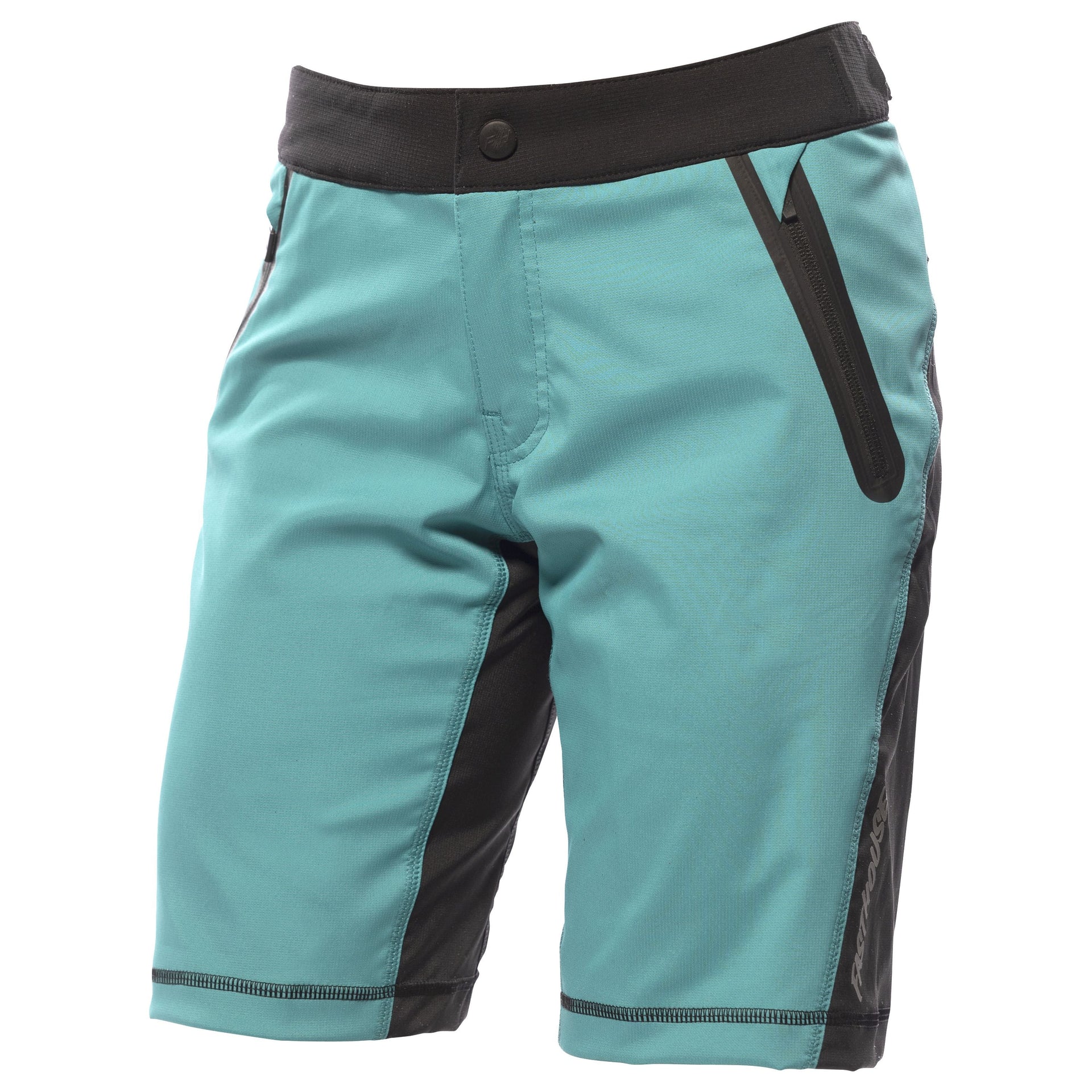 Women's teal riding shorts with side pockets and zip fly