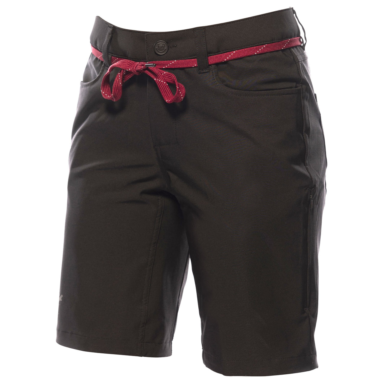 Black riding shorts with red waistband trim and lace drawstring at the front