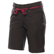 Black riding shorts with red waistband trim and lace drawstring at the front
