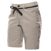 Ash gray shorts with black drawstring, belt loops, and zip fly