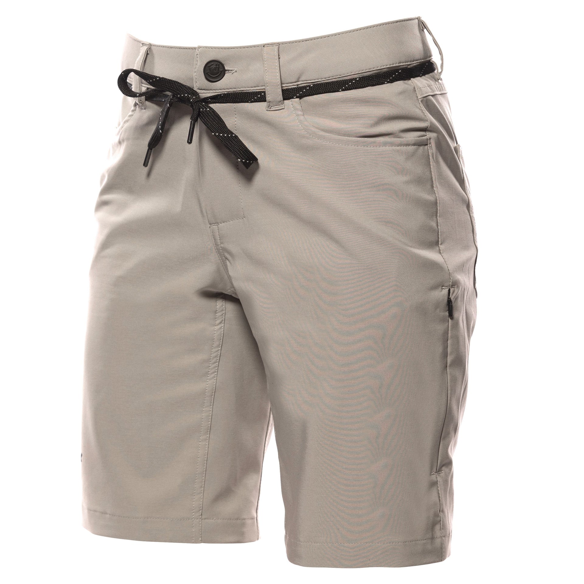 Ash gray shorts with black drawstring, belt loops, and zip fly