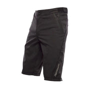 Youth black riding shorts with zip fly and adjustable waistband, logo at thigh.