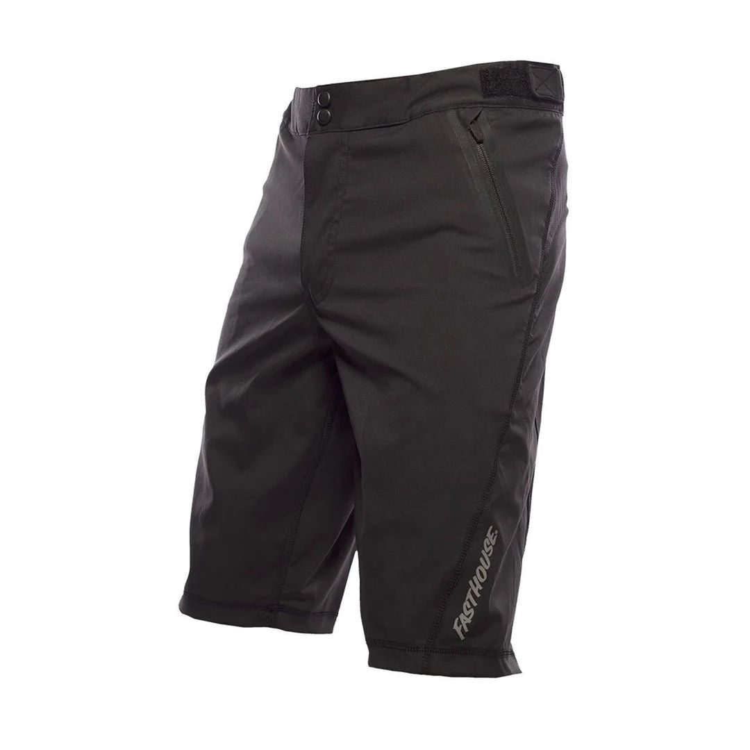 Youth black riding shorts with zip fly and adjustable waistband, logo at thigh.