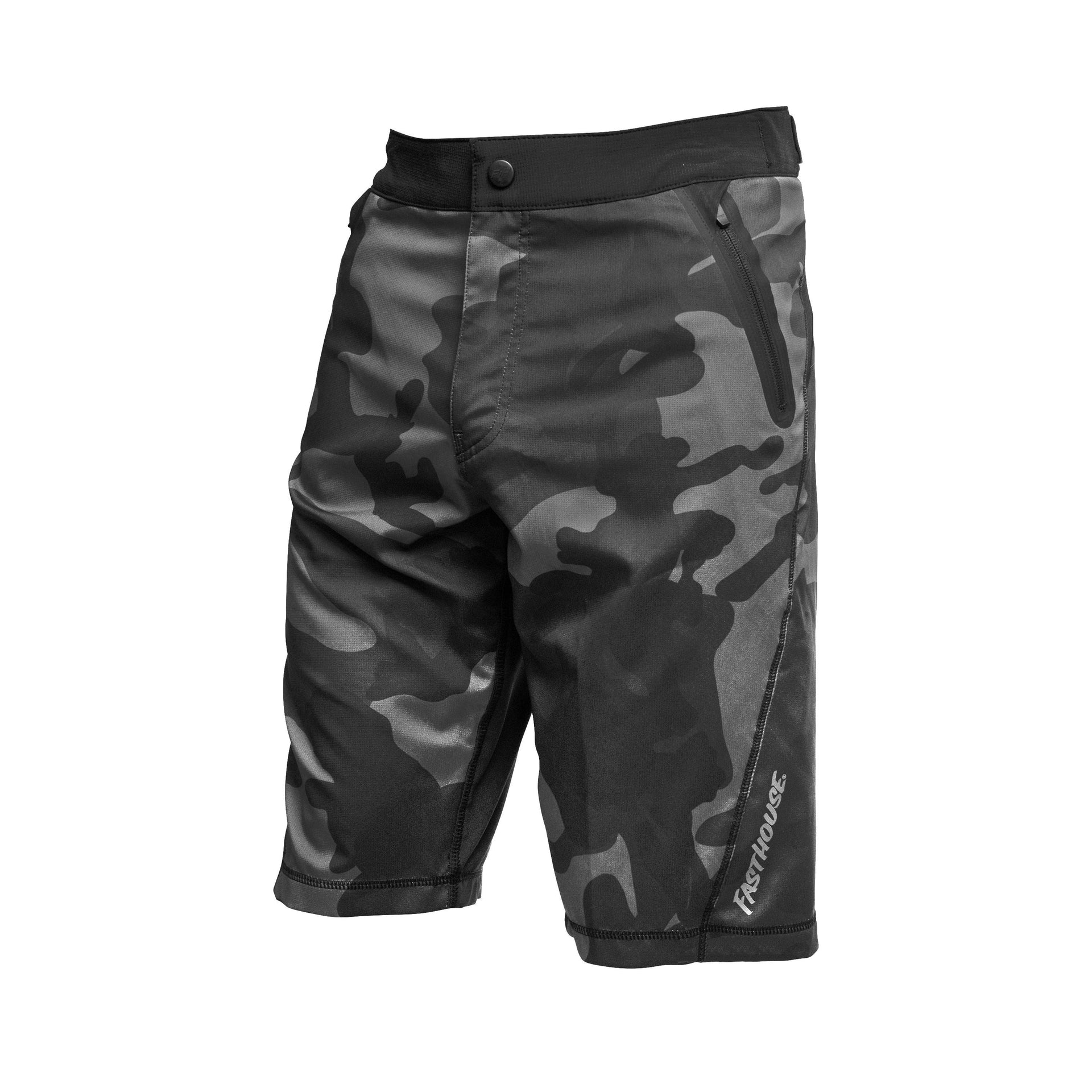 Youth gray/black camo riding shorts with zip pocket and stitched knee panel.
