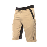 Youth tan riding shorts with black accents and side zip pocket, logo at hem.