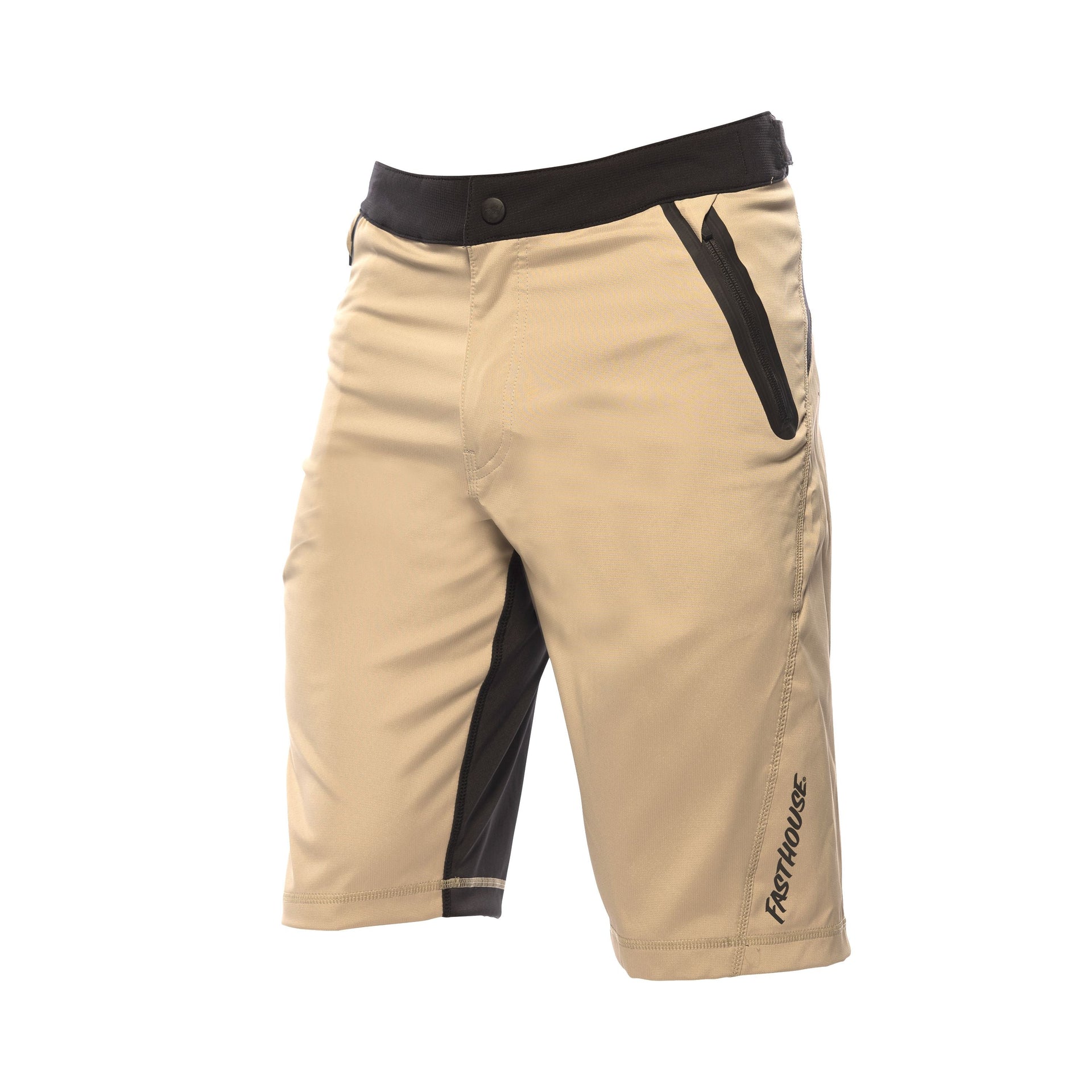 Youth tan riding shorts with black accents and side zip pocket, logo at hem.