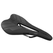 Black bike saddle with perforations, center cutout, and alloy rails