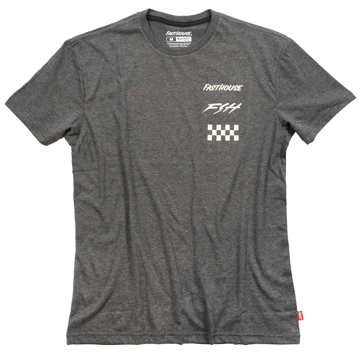 Heather gray tech tee front with FASTHOUSE, F&H, and checker graphic