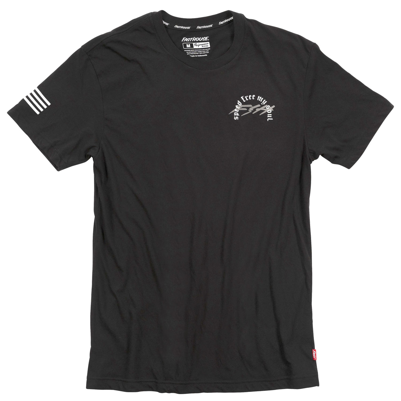 Men's black crewneck tech T-shirt with small chest graphic and logo.