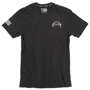 Men's black crewneck tech T-shirt with small chest graphic and logo.