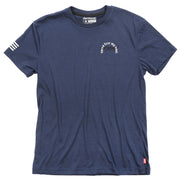Men's midnight navy crewneck tech T-shirt with arched 'free my soul' logo.