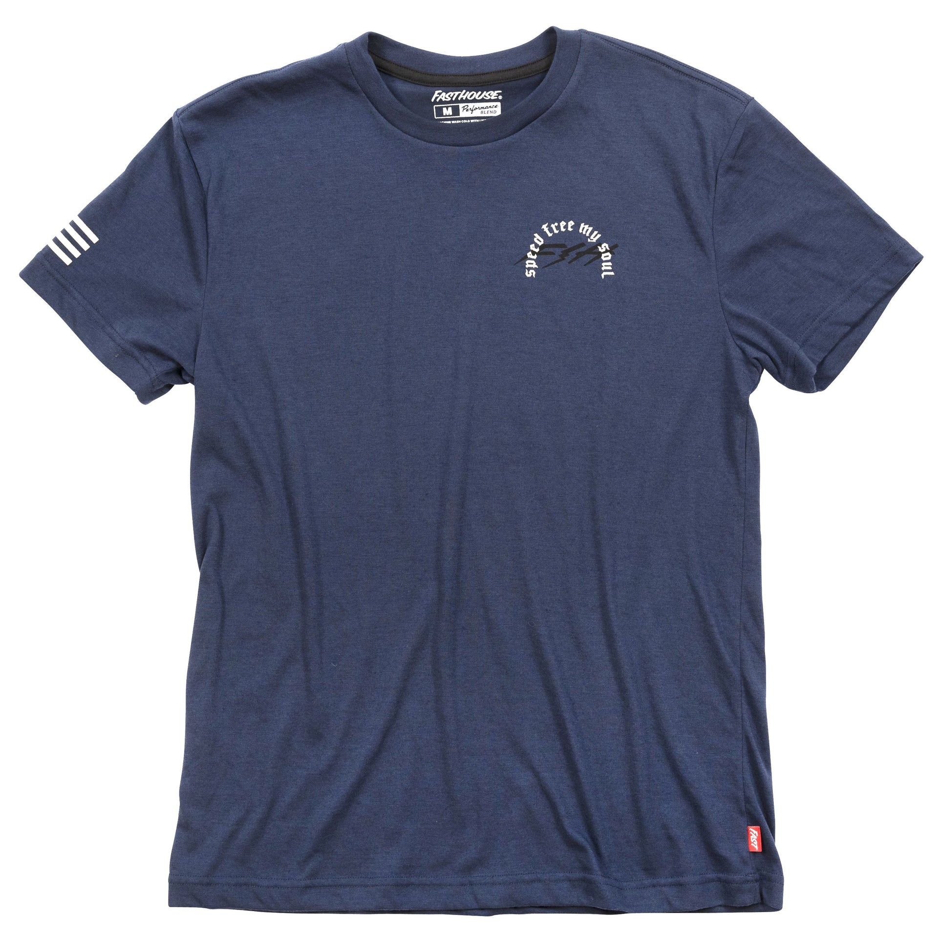 Men's midnight navy crewneck tech T-shirt with arched 'free my soul' logo.