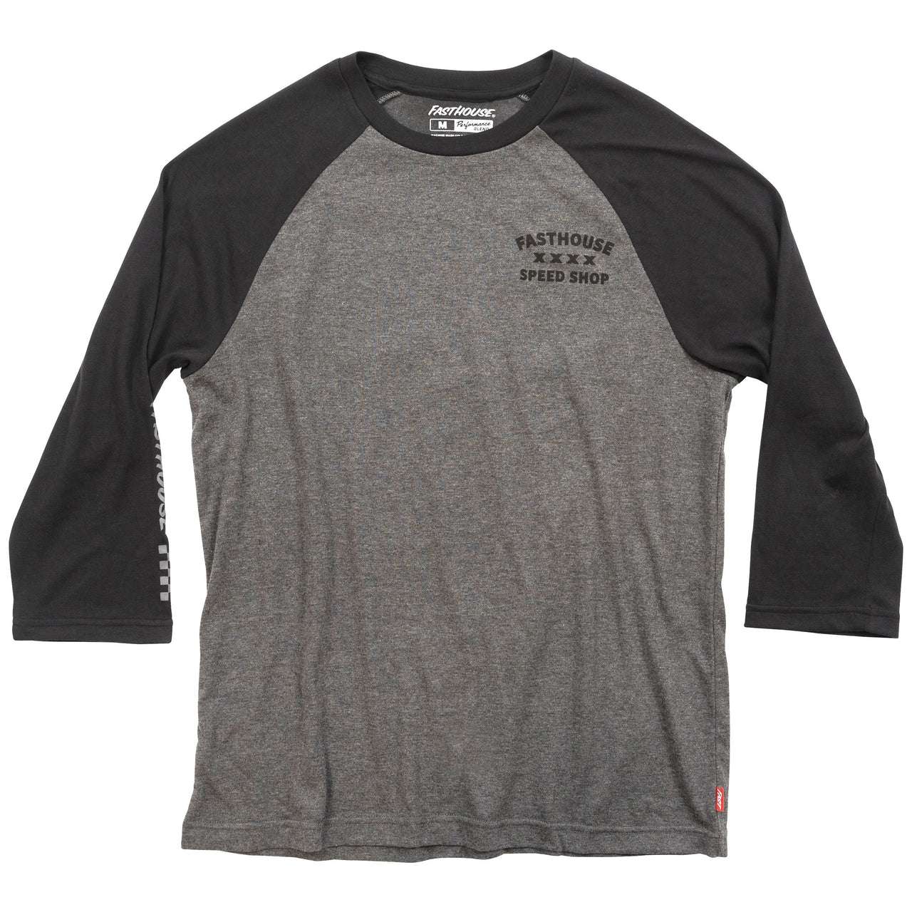 Men's raglan tech tee, black sleeves and heather gray body, Speed Shop logo