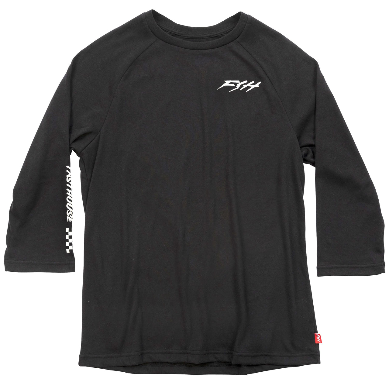 Black Fasthouse Rush raglan tech tee with white logo on front, 3/4 raglan sleeves