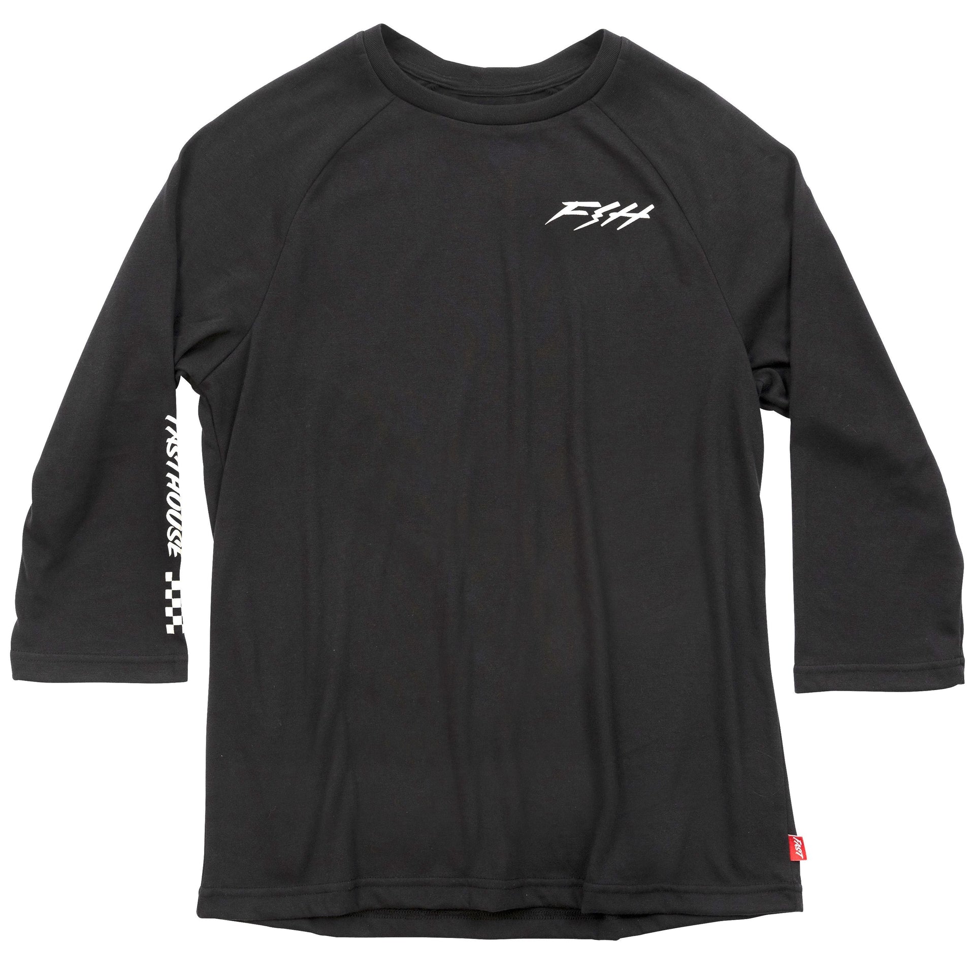 Black Fasthouse Rush raglan tech tee with white logo on front, 3/4 raglan sleeves