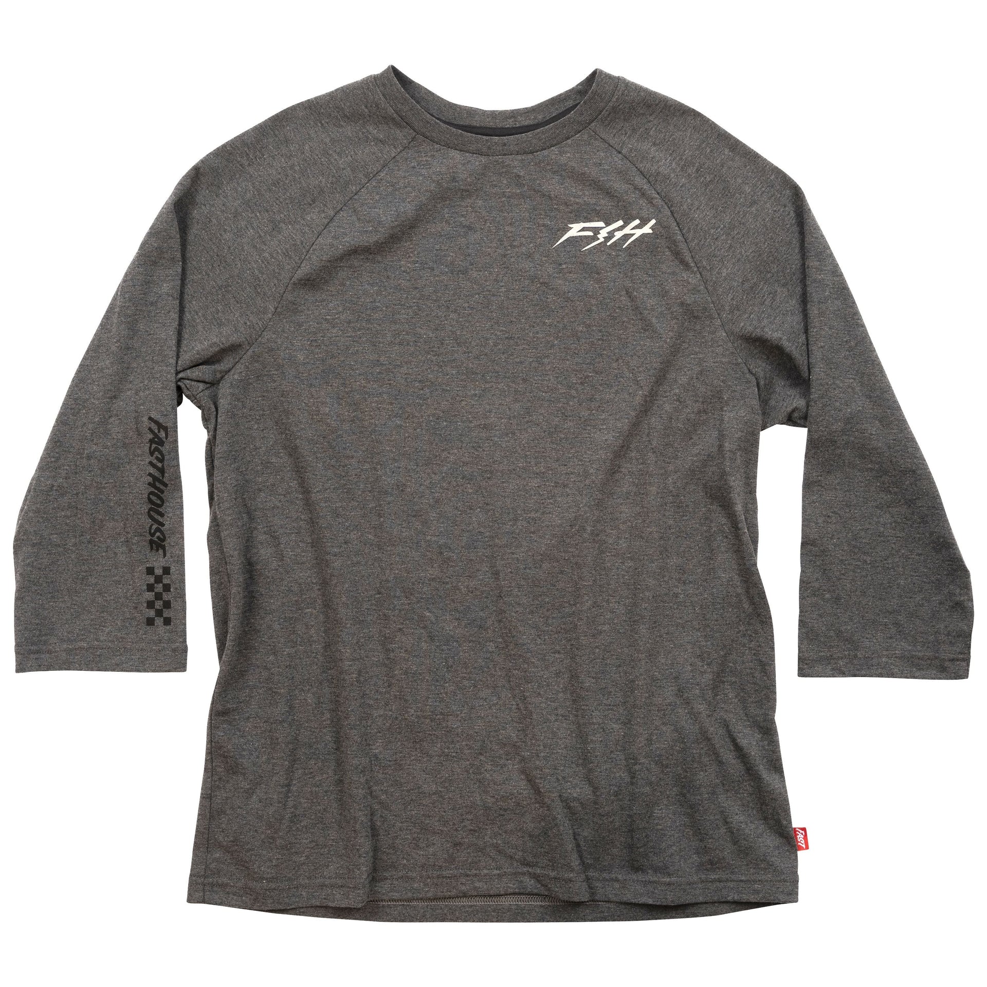 Heather gray Fasthouse Rush raglan tech tee with white logo on front, 3/4 raglan sleeves
