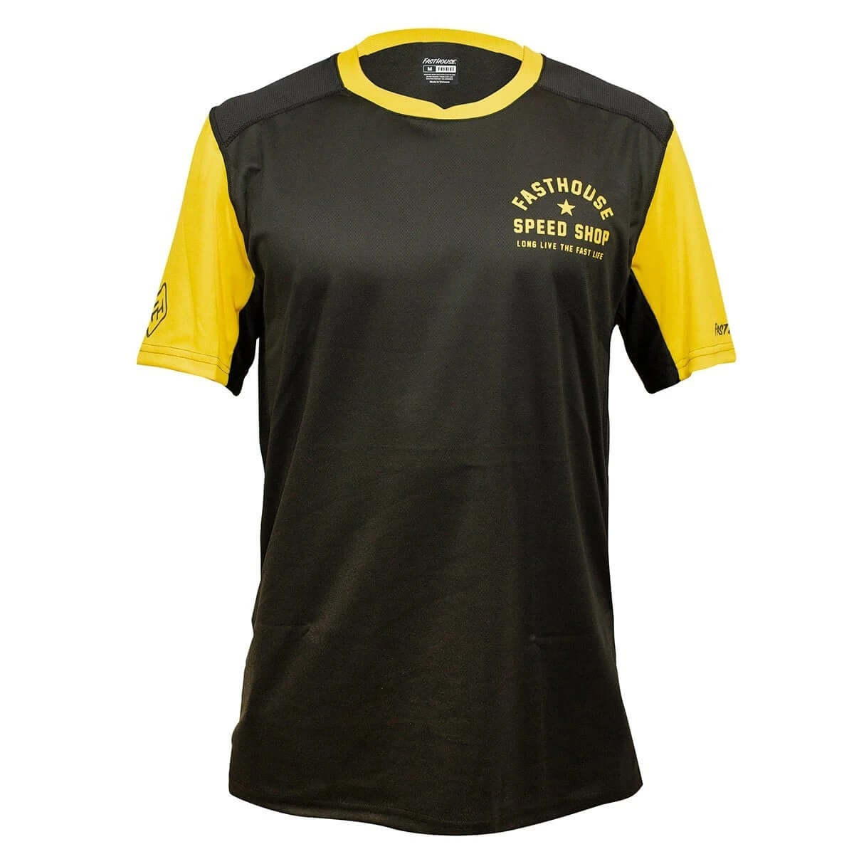 Fasthouse Alloy Star short-sleeve jersey in black with yellow collar and sleeve panels