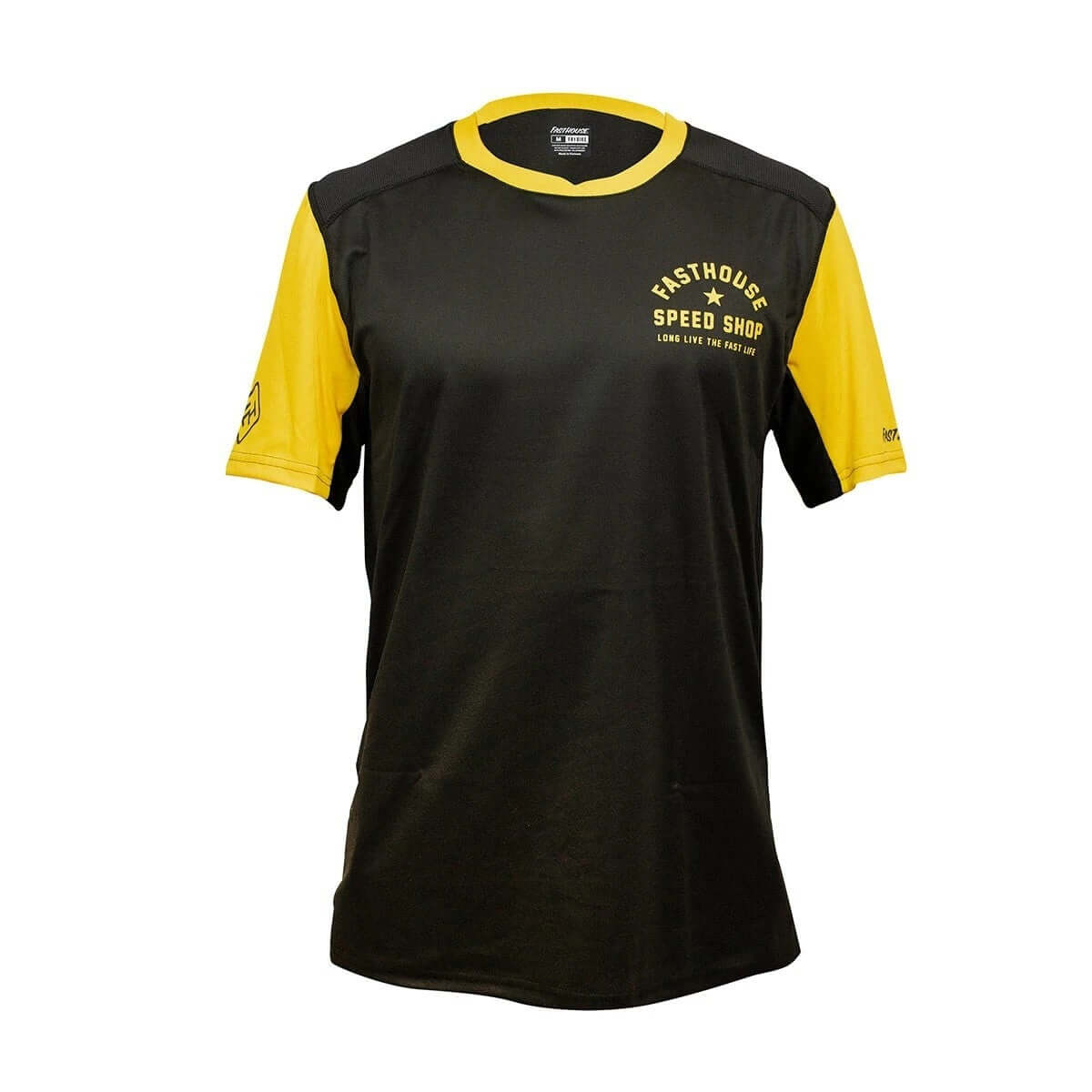 Youth short-sleeve jersey, black with yellow trim and Fasthouse Speed Shop logo