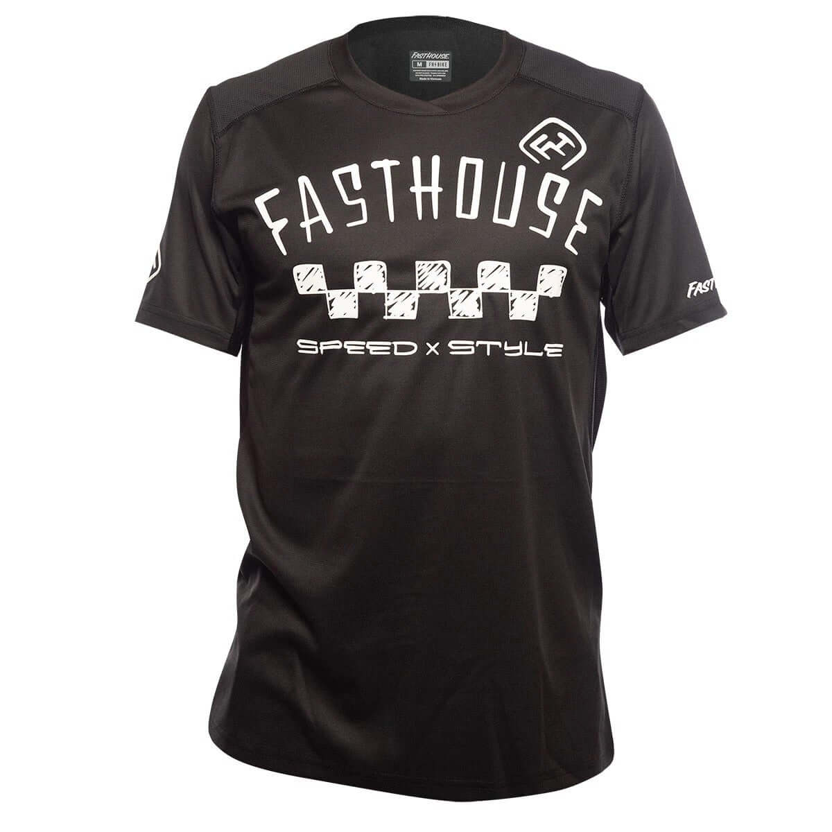 Black short-sleeve cycling jersey with large white logo graphic on front