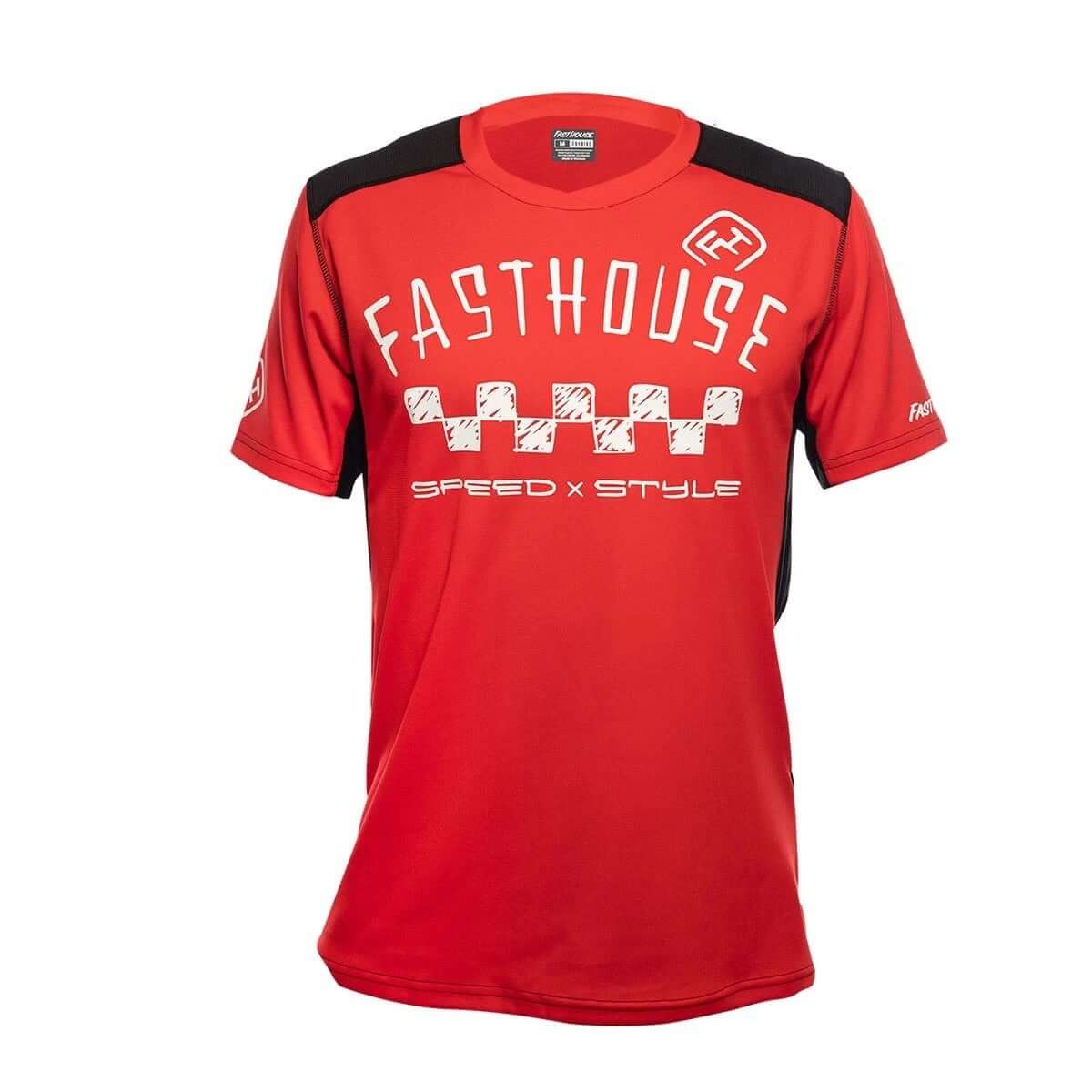 Fasthouse youth red short-sleeve jersey with black side panels and graphic chest print
