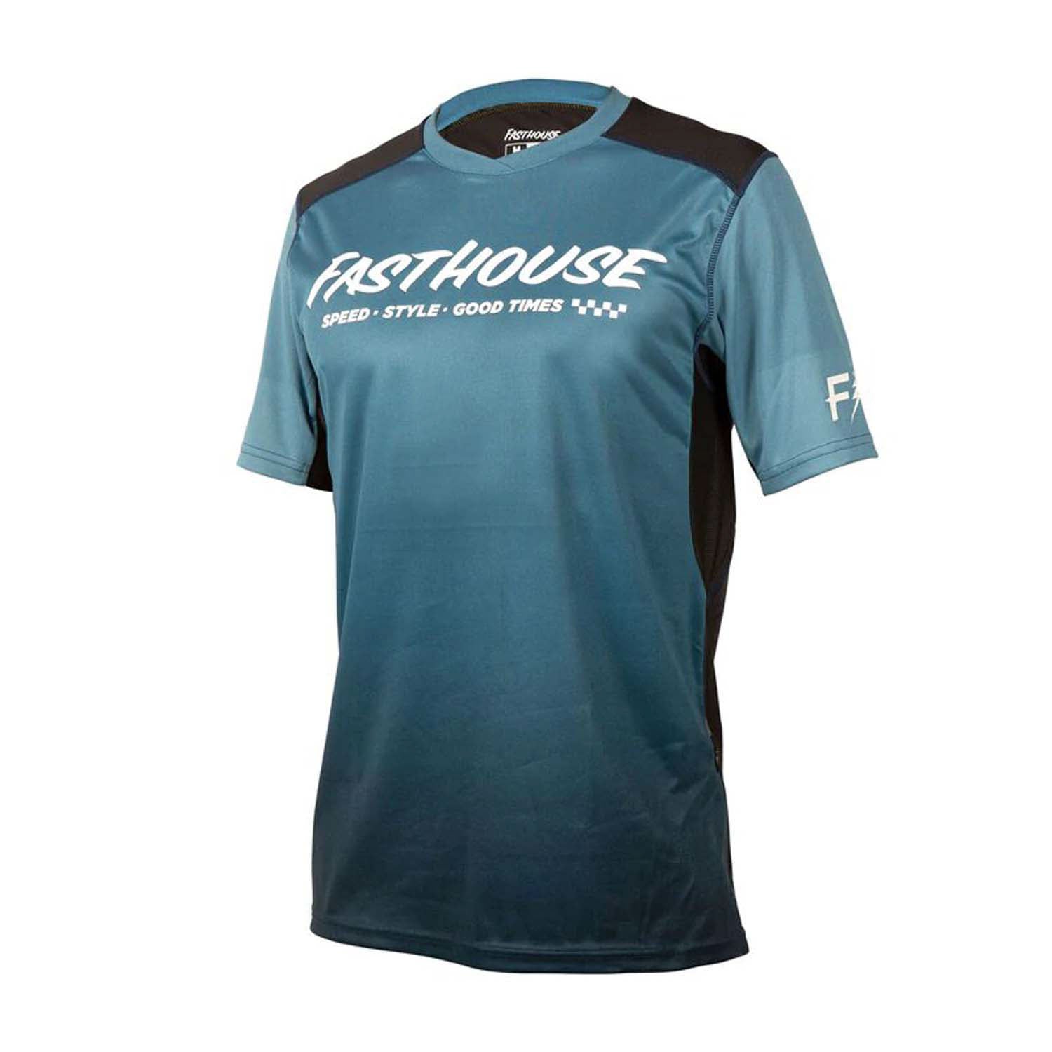 Men's short-sleeve cycling jersey in teal with black shoulder panels and FASTHOUSE logo