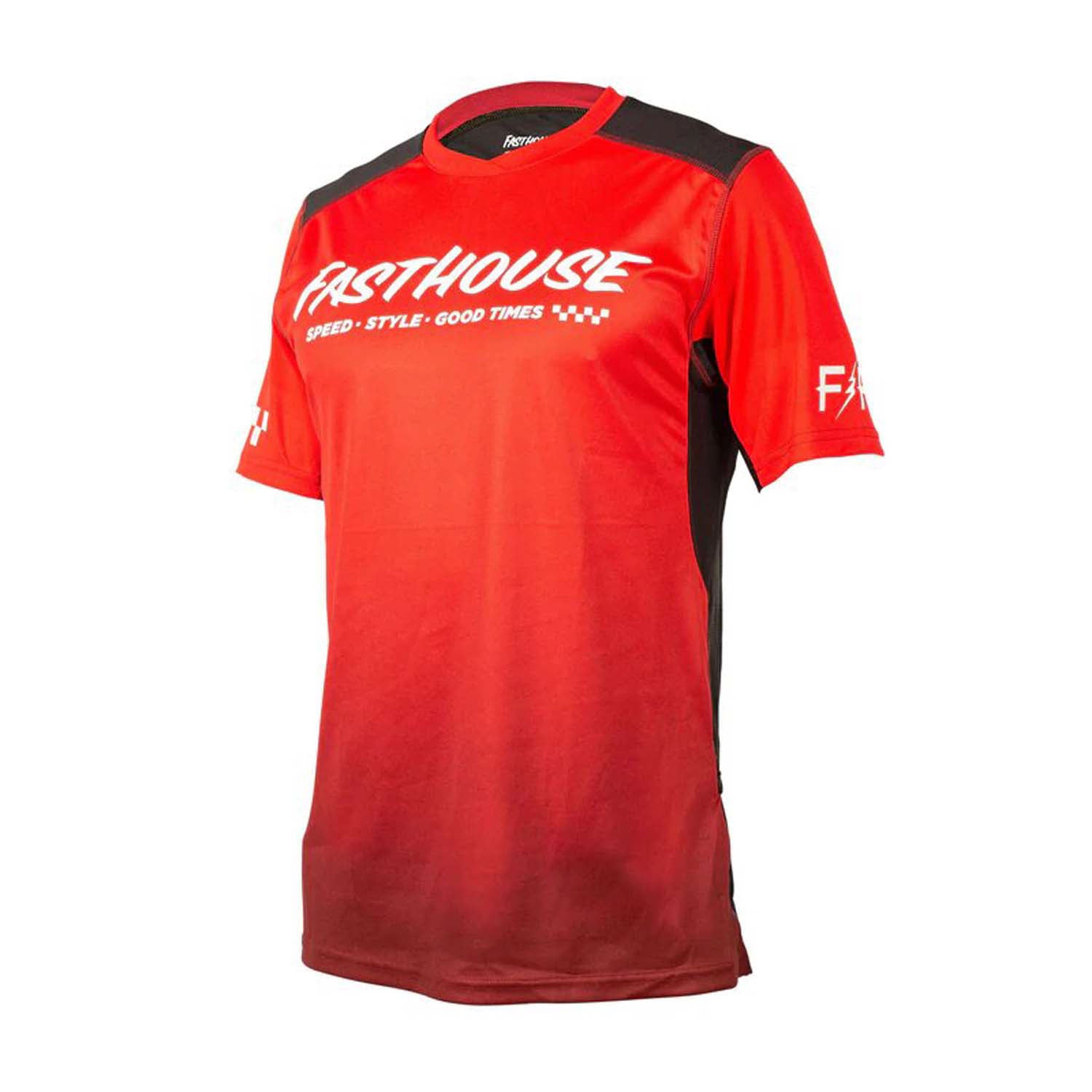 Men's short-sleeve cycling jersey in red with black shoulder panels and FASTHOUSE logo