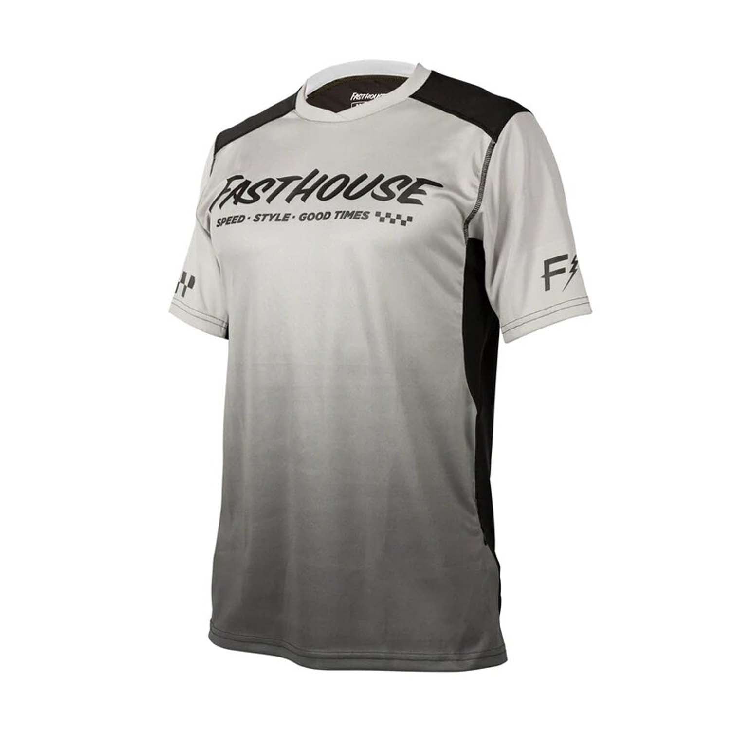 Men's short-sleeve cycling jersey in light gray/white with black shoulder panels and FASTHOUSE logo