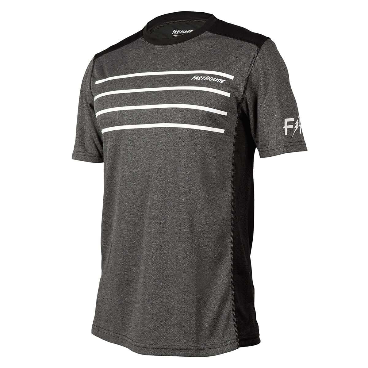 Men's short-sleeve jersey in heather charcoal with white stripe graphics and black side panels.
