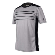 Men's short-sleeve jersey in heather grey with black sleeves and white stripe graphics.