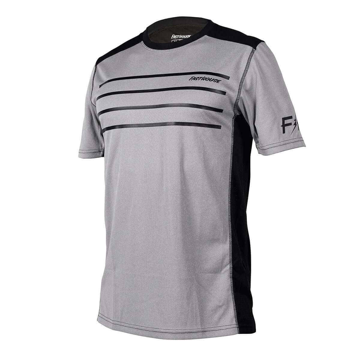 Men's short-sleeve jersey in heather grey with black sleeves and white stripe graphics.