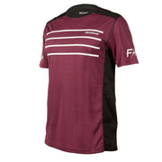 Men's short-sleeve jersey with maroon top and black side panels, white stripe graphics.