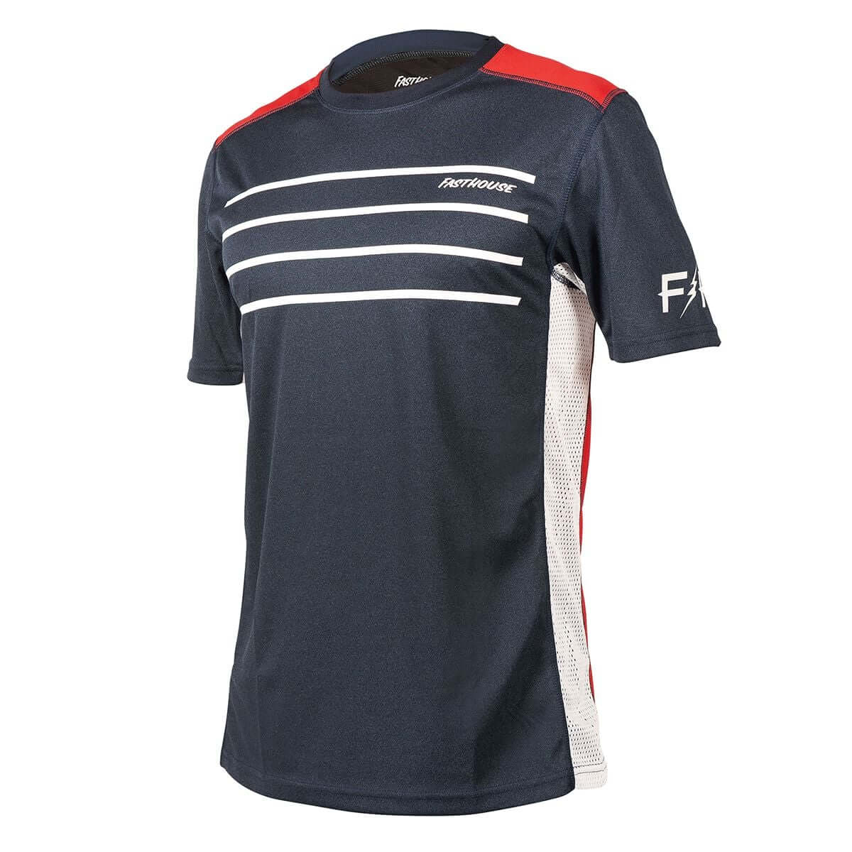 Men's short-sleeve jersey in dark heather navy with white stripe graphics and red trim.